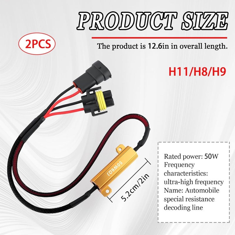 HULI 2Pcs H11/H8/H9 LED Load Resistor Kit 50W Headlight Bulb Relay Harness Adapter Anti Flicker Harness Resistor Kit for LED Lights,Fog Lights,Headlights(H11/H8/H9) - Image 2